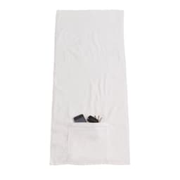 A white sports towel featuring a pocket containing two mobile phones and keys. The towel has a branding logo.