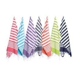 A collection of Turkish wraps in various colours, including pink, blue, purple, green, and navy, with striped patterns.