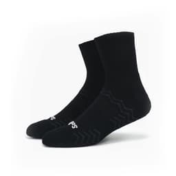 A pair of black custom branded socks with a ribbed cuff and zigzag pattern on the sole.