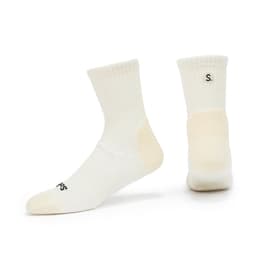 Custom branded golf socks in cream, featuring a ribbed texture and a logo on the side.