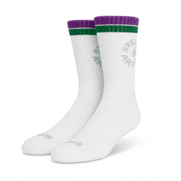 Custom athletic socks in white with purple and green accents, featuring a logo on the side.