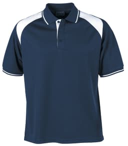 A navy blue polo shirt featuring white accents and a collar, with a logo on the left side.