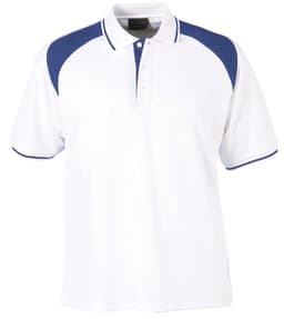 A white polo shirt with navy blue raglan sleeves and trim, featuring a collar and a logo.