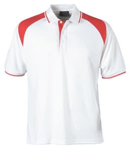 A white polo shirt with red accents and a collar, featuring a logo on the chest area.