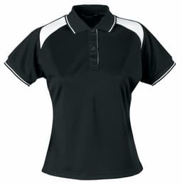 A women's black polo shirt featuring white accents and a collar, with a button-up front and short sleeves.