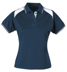 A navy blue ladies' polo shirt with white accents and a collar, featuring a logo on the chest.