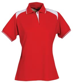 A red polo shirt for ladies featuring white accents and a collar. It has a logo on the chest.