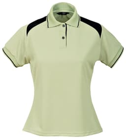 A light green polo shirt with black accents, featuring a collar and three-button placket. It has a logo on the chest.