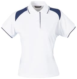 A women's polo shirt in white with navy blue accents and a collar, featuring a logo on the chest area.