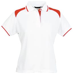 A white ladies' polo shirt with red accents and a logo on the chest.