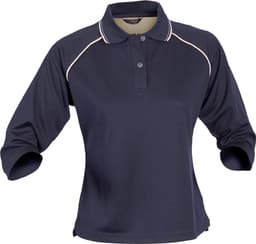 A navy long-sleeve polo shirt for ladies with a contrasting collar and a logo.