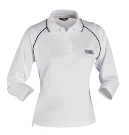 A white long-sleeve polo shirt for ladies with contrasting trim and a logo on the chest.