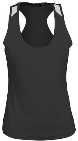 A black ladies' sports singlet featuring a racerback design and reflective accents on the shoulders.