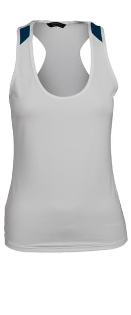 A ladies' sports singlet in white with blue accent straps, featuring a fitted design and a logo.