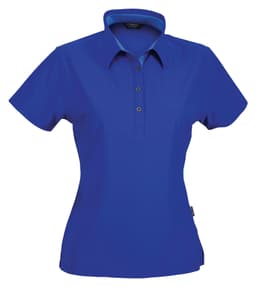 A blue ladies' polo shirt with a collar and three buttons, featuring a logo on the side.