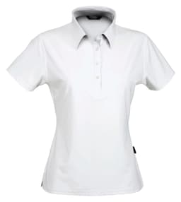 A white women's polo shirt featuring a collar, short sleeves, and a logo on the front.