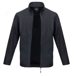 A navy jacket with a stand-up collar and a zip front, featuring long sleeves and a logo inside.