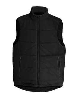 A black men's vest with a zip front and two side pockets, featuring a logo. Perfect for layering.