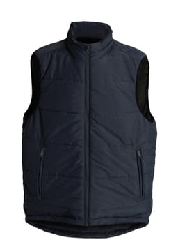 A dark navy vest with a high collar, featuring zippered pockets and a quilted design. It has a logo on it.