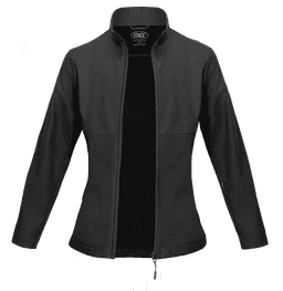 A black ladies' jacket with a zippered front and a high collar, featuring faint branding.