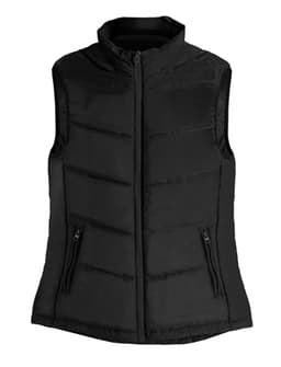 A black ladies vest featuring a zip closure and two front pockets, with a quilted design. 