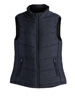 A navy vest with a zip front and side pockets, featuring black panel accents and a high collar.