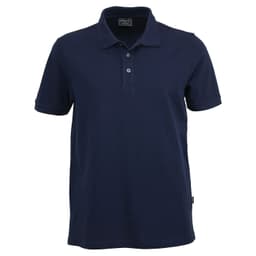 A navy blue men's polo shirt featuring a classic collar and three-button placket, with a logo on the tag.