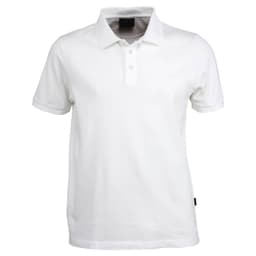 A white polo shirt featuring a classic collar and three-button placket, with a logo on the hem.