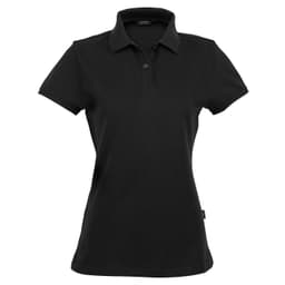 A black ladies' polo shirt featuring a collar and three buttons, with a small logo on the side.