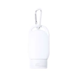 A white sunscreen bottle with a twist cap and a metal carabiner for easy attachment.