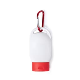 A white sunscreen bottle with a red base and a red carabiner attached.