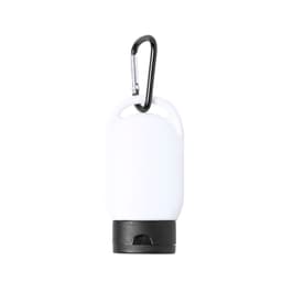 A white sunscreen bottle with a black base, featuring a clip for attachment. It has a logo but no text visible.