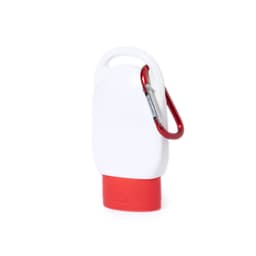 A white sunscreen bottle with a red base and a red carabiner attached for easy carrying.