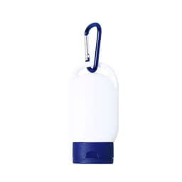 A white and navy sunscreen container with a carabiner attached for easy carrying.