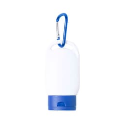 A white and blue sunscreen bottle with a carabiner clip attached, designed for convenience.
