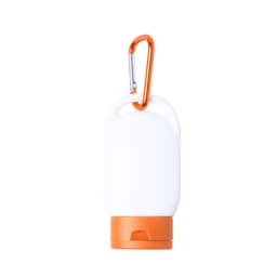 A sunscreen bottle in white and orange, featuring a carabiner for easy attachment.