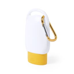 A white sunscreen container with a yellow base and a gold carabiner attached.