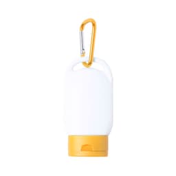 A white sunscreen bottle with a yellow base and a yellow carabiner attachment. It features a simple design.