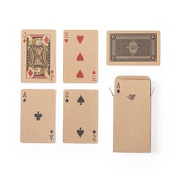 A set of playing cards displayed with a brown cardboard box, featuring red hearts, black spades, and a design on the back.