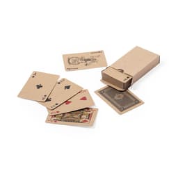 A set of playing cards in a cardboard box, featuring a mix of design styles including plain, illustrated, and patterned cards.