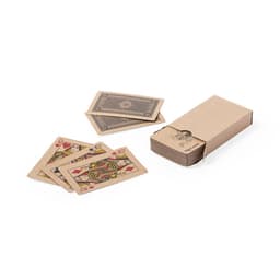 A set of playing cards in a simple brown box, featuring vibrant designs in red, green, and gold.