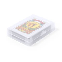 A transparent plastic case containing a deck of playing cards with a colourful design on the front.