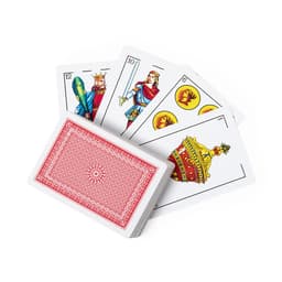 A deck of playing cards in red and white, featuring illustrated face cards and numbered cards with unique designs.