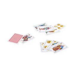 A set of playing cards featuring various designs and a red-backed card, spread out on a surface.