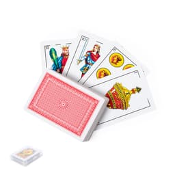 A set of playing cards featuring colourful designs, displayed with a red-backed deck in a clear plastic case.