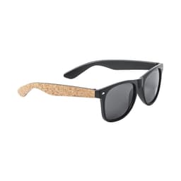 Sunglasses with black frames and cork-patterned arms, featuring dark lenses. Includes a logo on the side.