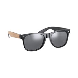 Sunglasses with black frames and cork-patterned arms, featuring dark lenses and a logo on the side.