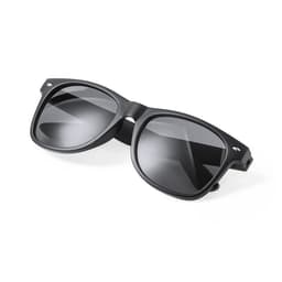 A pair of black sunglasses with dark lenses, featuring a sleek design and a logo on the side.