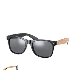 Sunglasses with black frames and cork-textured arms, featuring grey lenses and a logo on the side.