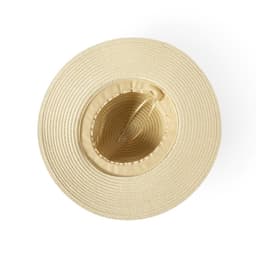 A beige brim hat with a textured surface and an inner band, featuring a logo.